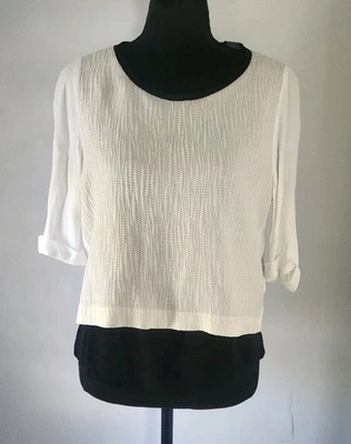 MAJE Women's Textured Ivory Black 3/4 Sleeve Slit Back Blouse Silk Wool Size 2/M - Image 1 of 4