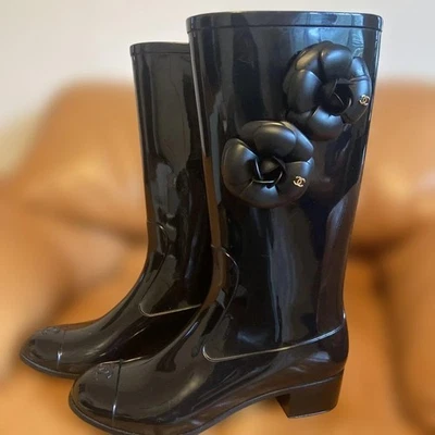 CHANEL Black Rain Boots 37 Rubber Waterproof Shoes Logo Authentic From Japan - Image 1 of 4