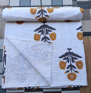 Indian Kantha Quilt White Handmade Bedspread Bedding Throw Cotton Floral Blanket - Picture 1 of 15