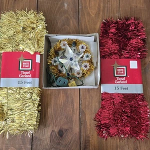 Vintage beleuchteter Baumaufsatz und Lametta gold und rot - Bild 1 von 4