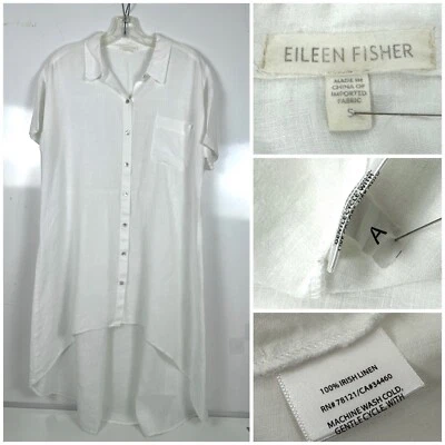 Eileen Fisher Shirt Dress Women Small White 100% Linen Short Sleeve Hi Low - Image 1 of 4