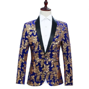 Herren schmale Pailletten Blumenmuster Blazer Anzug Jacke Smoking Abendessen Party Abschlussball Hochzeitsanzug - Bild 1 von 16