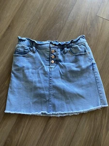 Hippie Girl Denim Girl’s Skirt Size 12 Fly Button Pockets Medium Wash Raw Hem - Picture 1 of 3