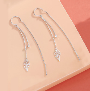 Women Silver Tone Tassel Threader Leaf Dangle Drop Pull Earrings Fashion I48