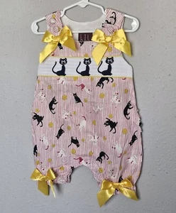 Lil Cactus Black Cats Romper Yellow Bow Pink Baby Girl Toddler Size 12-18 months - Picture 1 of 8