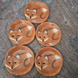 Orange Red Fox Face Tail Ceramic 8" Plate Set Of 5 3d - Picture 1 of 8