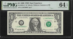 US $1 Star Note 1999 PMG 64 EPQ UNC Fr #1925-L* FRN San Francisco - Picture 1 of 2