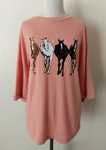 ALLEGRA K OVERSIZED TOP 4 HORSES PINK 3/4 SLEEVE STRETCH WOMEN'S EXTRA SMALL
