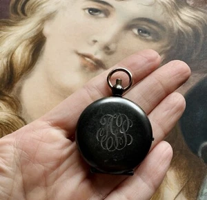 Antique Gunmetal Mirrored Locket Compact Chatelaine Victorian Edwardian Estate - Picture 1 of 14