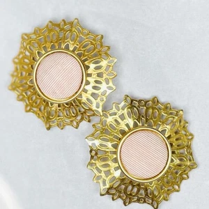 VTG EARRINGS 60s MOD PINK FABRIC CENTER GOLD EP CHUNKY FILIGREE CLIP ON - Picture 1 of 10