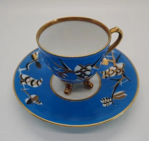 Vintage Roloff Handmalerei Germany Demitasse Cup & Saucer Art Deco Blue Gold - Picture 1 of 13