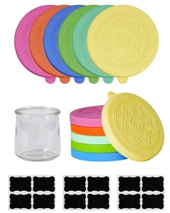 12 Stück Silikon Oui Joghurt Glas Deckel mit 8 Etiketten, Lebensmittelqualität Deckel für 5 Unzen O... - Bild 1 von 6