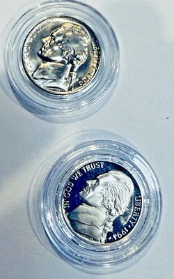 1966 Gem Jefferson 5c ~ w/1994-S GEM BU ~ Both in AirTite Caps ~ Nice! ~ Y31 - Image 1 of 2