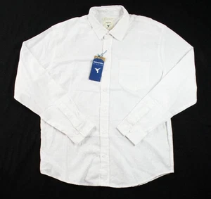 Camisa de lino azul natural para hombre L manga larga botón frontal lavable blanca $89 NUEVA - Imagen 1 de 6