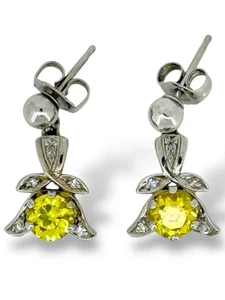 14K White Gold Natural Diamonds & Yellow CZ Flower Stud Dangle Earrings 3/4" In - Picture 1 of 13