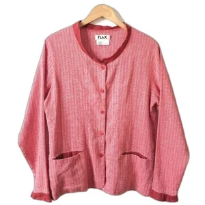 Women FLAX Linen Jacket M Red Textured Stripe Button Blazer Relaxed Shacket - Picture 1 of 7