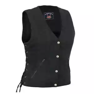 Women’s Motorcycle Side Lace Denim Vest Zipper Pockets with 2 Inside Ammo Pocket - Picture 1 of 6
