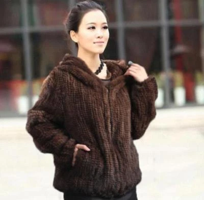 Mujeres Informal Real Genuino Tejido Piel de Visón Capucha Abrigo Chaqueta Prendas de abrigo Invierno Foto 1 de 4