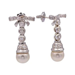 Vintage French 18K White Gold Cultured Pearl and Diamond Dangle Earrings - Picture 1 of 5