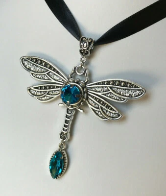 Gothic Victorian Large Dragonfly Medieval Black Ribbon Pendant Necklace Choker - Image 1 of 2