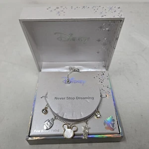 NEW Disney Mickey Never Stop Dreaming Fine Silver Plated Charm Pendant Bracelet - Picture 1 of 4