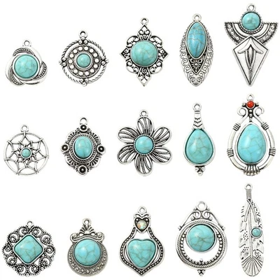 15 piezas Colgantes Tibetanos Antiguos de Plata Flor Forma de Lágrima Turquesa Dijes Hágalo Usted Mismo Foto 1 de 4