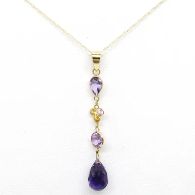 PINGENTE DE OURO AMARELO 14K PENDURADO EM GOTA ESTILO PEDRA PRECIOSA AMETISTA 18" COLAR DELICADO - Imagem 1 de 4