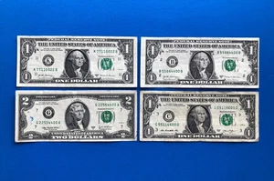 Lot (4) REPEATER (Group 2) $1 One $2 Two Dollar Bill Fancy Serial Number - Picture 1 of 2