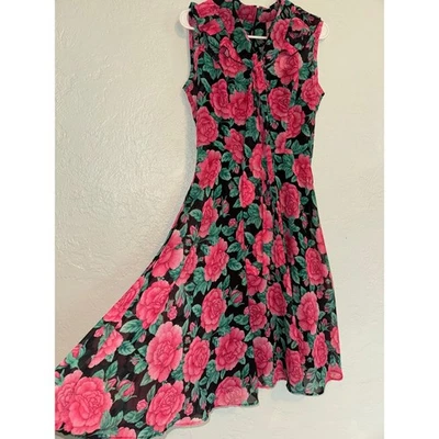 Vestido Midi Hell Bunny Negro Rosa Floral Cuello Volantes Sin Mangas Talla S Foto 1 de 4
