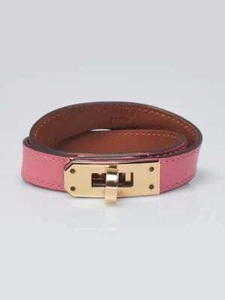 Hermes Rose Azalee Swift Leather Gold Plated Kelly Double Tour Bracelet Size S - Picture 1 of 9
