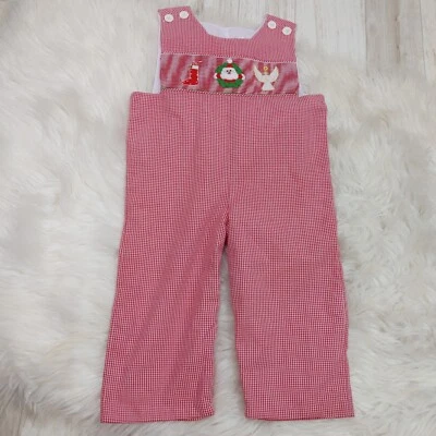Mom & Me 红色白色格子圣诞 Smock Jon Jon 连身衣 12 个月 — 第 1/4 张图片