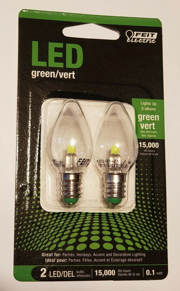 GREEN LED E-12 Base Night Light Bulbs 2-Pack Feit Electric New BPC7GJW - Image 1 of 2