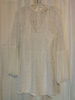 Keepsake Be The One White Lace Pleated Long Bell Sleeve Mini Dress, Size S - Image 1 of 4
