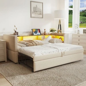 Tagesbett ausziehbarer Schlafsofa 90/180x190cm mit LED Leuchten+USB Laden Beige - Bild 1 von 11
