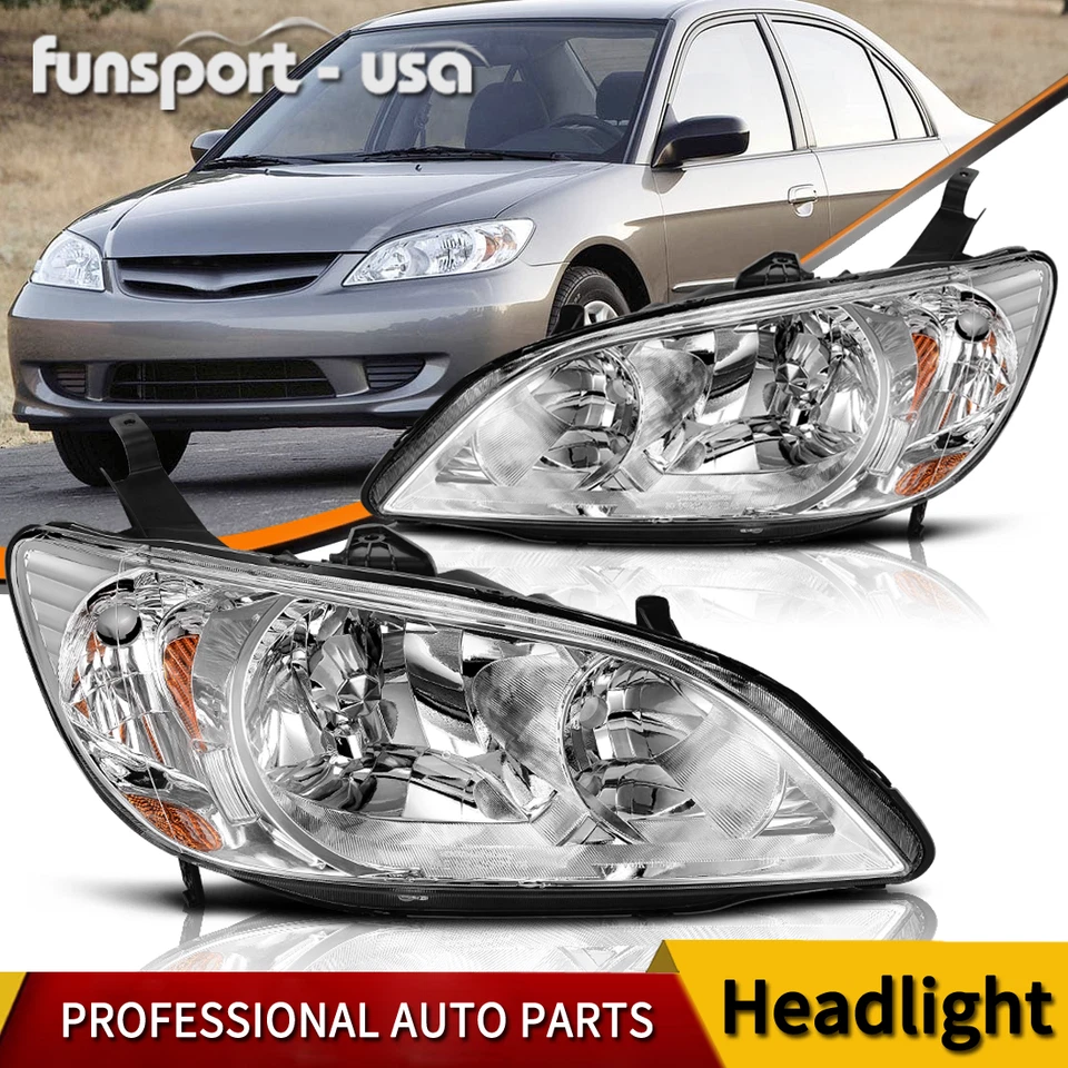 Chrome Headlights Amber Corner Lamps Pair for 2004-2005 Honda Civic 2/4 Door - Image 1 of 4
