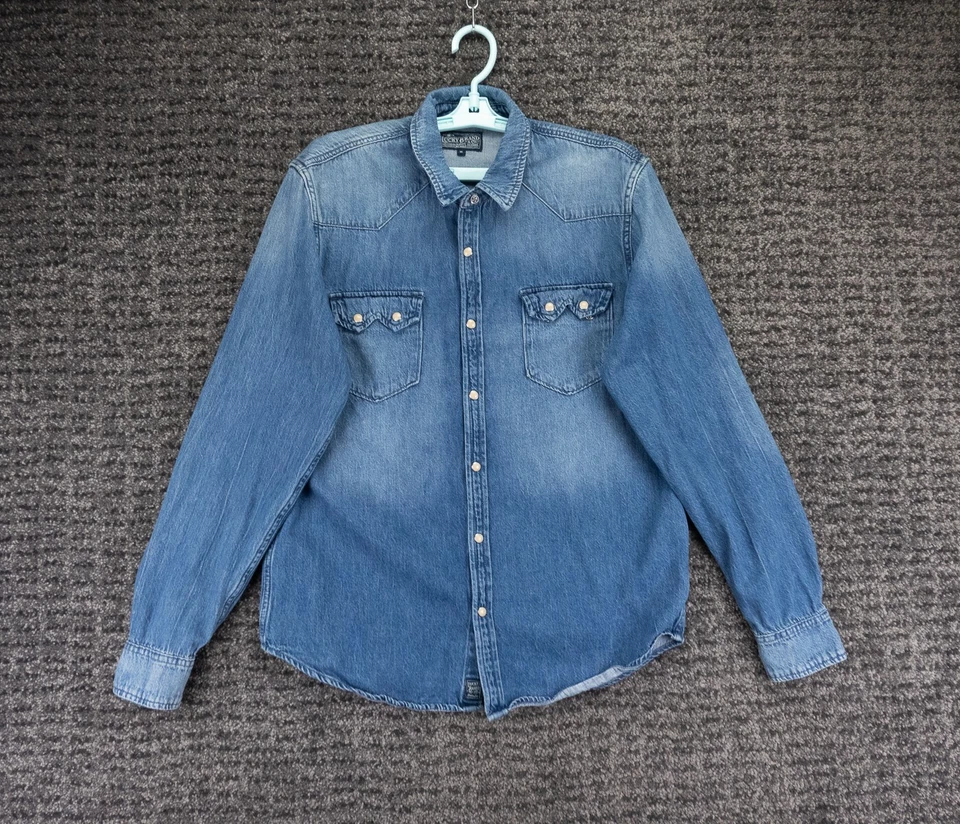 Camisa Lucky Brand Para Hombres Mediana Azul Pesada Denim Perla Algodón a Presión Western Preppy Foto 1 de 4