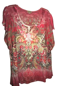 ONE WORLD Women's Sz 2X, Pink/White/Yellow/Brown Boho Top w/Gold Studs Polyester - Picture 1 of 11