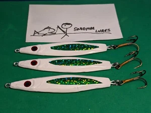 3 - 3 oz FLUTTER SPOON FISHING LURE JIG JIGGING LEAD SLAB WHITE / GREEN HOLO - Picture 1 of 6