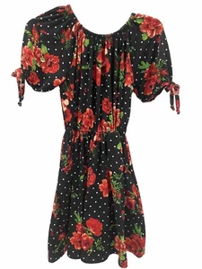 Girls Dress Size 7 Elastic Waist Knee Length Black Red Floral Love Maddie - Picture 1 of 8