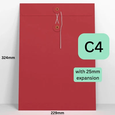 C4 (324x229mm) RED String & Washer Envelopes Button Tie Gusset Expanding Quality - Image 1 of 3