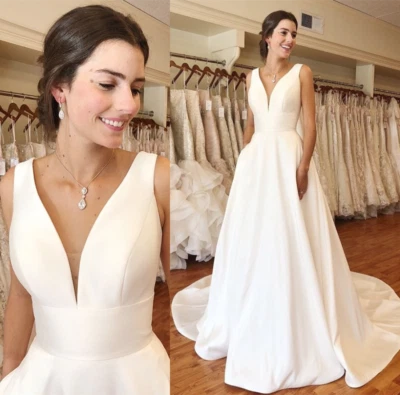 Satin A-line Wedding Dresses Elegant V-Neck Chapel Train Sleeveless Bridal Gown - Image 1 of 4