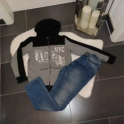 Winter Outfit 146 152 Sweatjacke Gefüttert Schwarz Kapuzenpulli jeans TopZustand - Bild 1 von 4