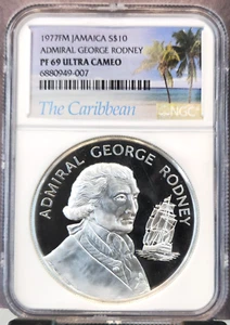 1977 JAMAICA SILVER 10 DOLLARS ADMIRAL GEORGE RODNEY NGC PF 69 ULTRA CAMEO - Picture 1 of 3