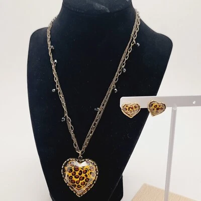 Collar y Pendientes Betsey Johnson Vintage Cristal Leopardo Corazón Colgante Dije Foto 1 de 4