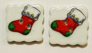 2 Vintage Ceramic Buttons Red Green White Christmas Stockings 2 Hole 3/4" Square - Picture 1 of 4