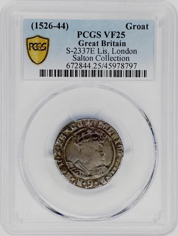 ENGLAND  KING HENRY VIII   1526-1544  1 GROAT SILVER COIN, PCGS CERTIFIED VF25 Cover