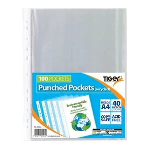 Tiger A4 punched pockets school office document filing folders sleeves 45 Micron - Picture 1 of 1