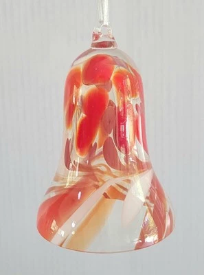Vintage Art Murano Style Glass Bell Large Hand Blown Red Orange WhiteSplatter 5" - Image 1 of 4