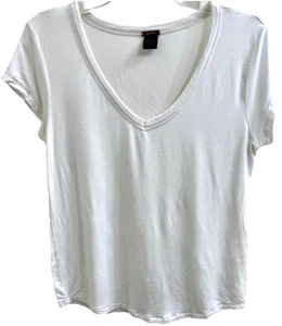 T-shirt Magaschoni donna L scollo a V manica corta bianca orlo curvo con elastico - Foto 1 di 6