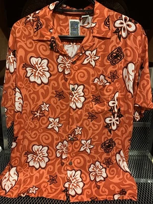 Abstract Floral Ocean Current Hawaiian Shirt Large Orange Red Button Up - Image 1 of 4